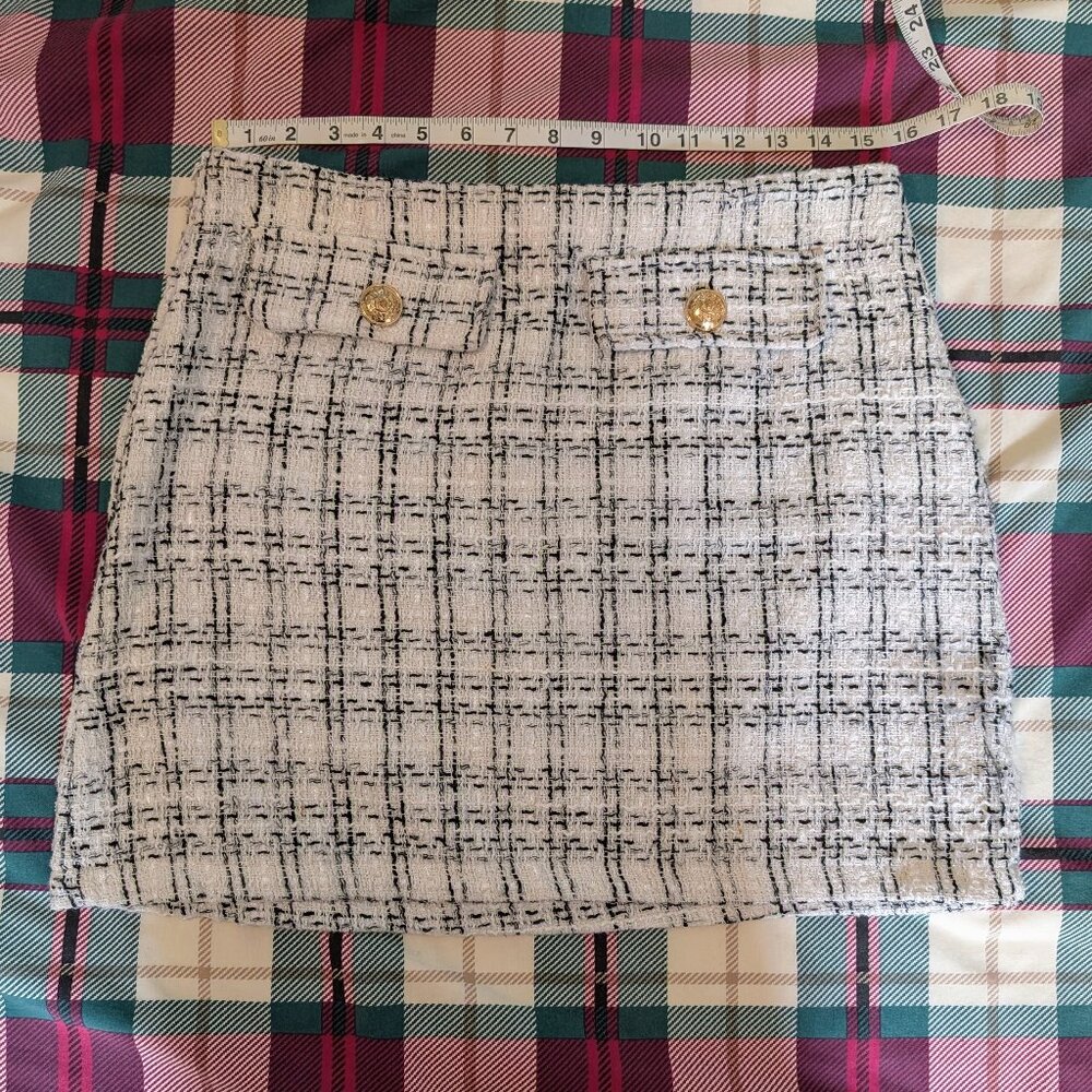 White Preppy Tweed Mini Skirt with Gold Button